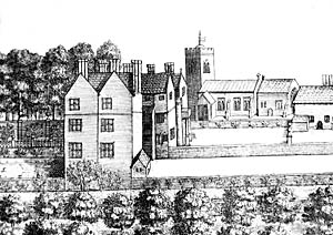 Annesley Hall and church as depicted in Thoroton's History of Nottinghamshire, published in 1677. 