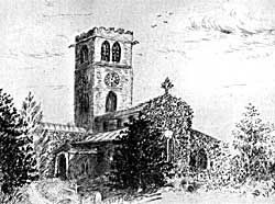 The nave and tower. Etching by Mrs Bruce.