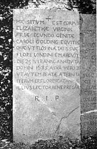 Gravestone of Elizabeth Golding (died 1685), wife of Charles Golding.