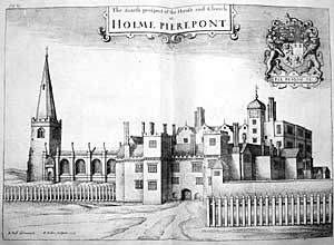 Sketch based on engraving in Thoroton's History of Nottinghamshire showing the hall and church as they appeared in the 1670s.