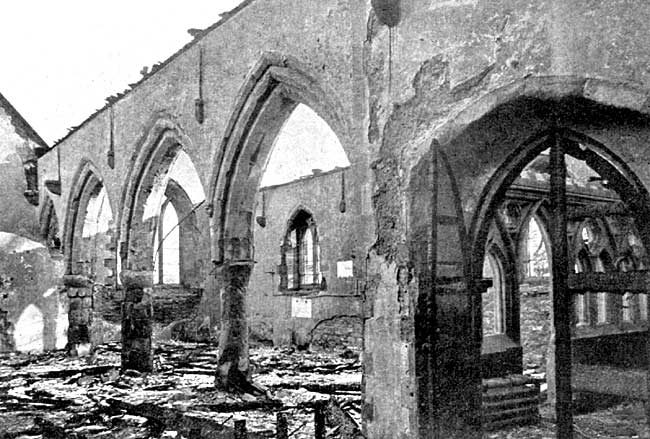 Interior of Kirkby-in-Ashfield church after the disastrous fire of 1907.