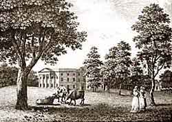 The Georgianised west front of Langar Hall with its pedimented portico and six Ionic pillars as it looked in the 1790s. Most of this building was dismantled in the 1820s and replaced with the present plain, stuccoed house in 1828.