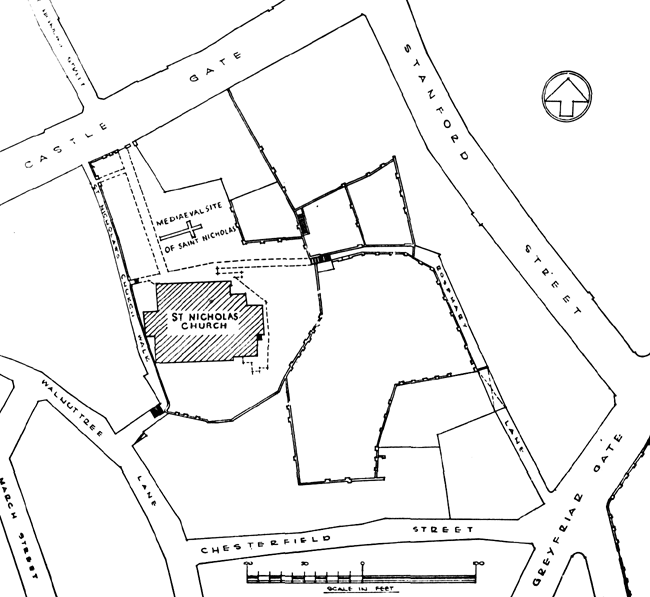 Fig. 3. Plan of the neighbourhood of St. Nicholas' Church, Nottingham, showing Rosemary Lane, and the suggested site of the medieval building pulled down in 1643. 
