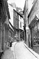 Drury Hill in the 1920s. This ancient street was swept away by the building of the Broadmarsh Centre in the 1960s.