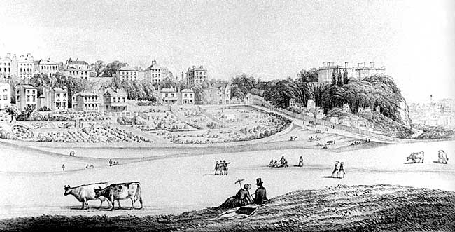 A Victorian view of the Park. The ruins of Nottingham Castle are visible on the right of the panorama.