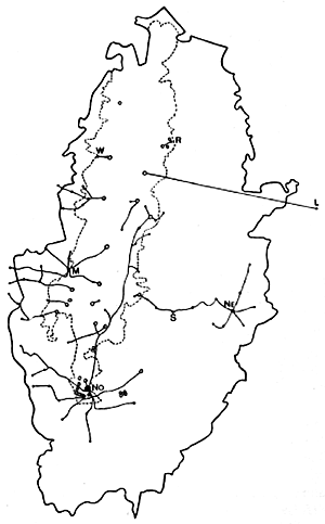 Map showing the Distribution of Deep Wells in Nottinghamshire (the wells practically all in the Bunter Sandstone, the outcrop of which is indicated by the dotted line. The lines show the water mains from the wells, and the dots the towns and villages at present derive their supply from deep wells in Bunter).