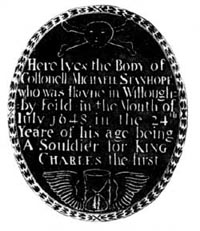 Brass of Colonel Michael Stanhope, 1648, in Willoughby-on-the-Wolds church.