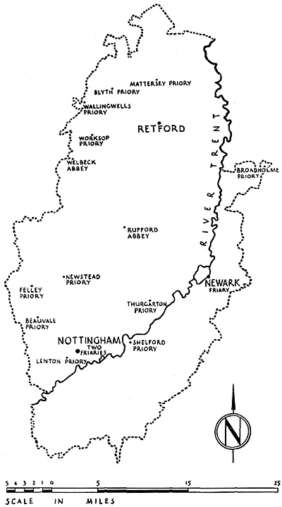 Religious houses in Nottinghamshire at the time of the Dissolution.