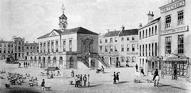 View of East Retford market square and town hall in the 1840s.