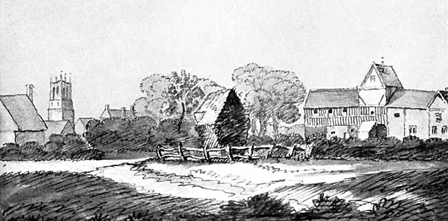 "View in ye Village of Rolleston, near Newarke." Possibly the ancient Manor House of the Nevills, demolished in 1813. Reproduced from the original water-colour sketch by J. Digby Curtis, about 1800, by kind permission of Mr. G. A. Matterson. 