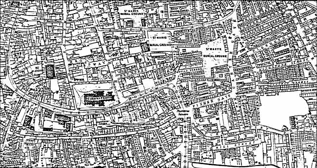 Barker Gate and neighbouring streets, showing the three St Mary's Burial Grounds mentioned in the text. From Salmon’s map of Nottingham, 1861.