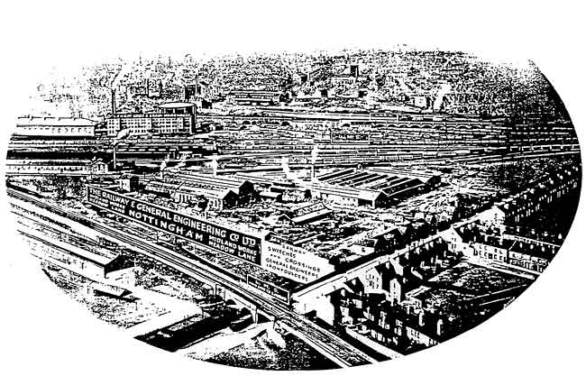 THE SITE OF LADY BAY RETAIL PARK, seen in a 1935 advertisement for the Railway and General Engineering Co. The Railway having crossed the Trent just out of the picture, is carried over Meadow Lane by the bridge in the forground. The sails on Green’s Mill were a product of the fertile imagination of the advertising agency.