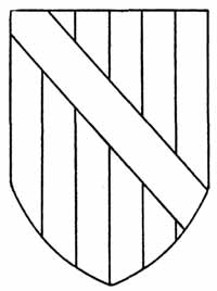 Langford Coat of Arms. Paly of Six, Or and Gules, overall a Bend, Arg.