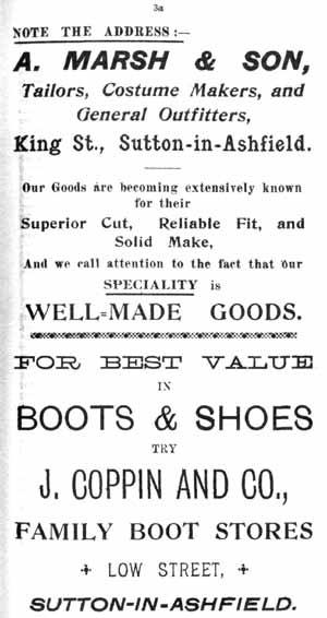 A. Marsh & Son, Tailors, Costume Makers, and General Outfitters, King St., Sutton-in-Ashfield / J. Coppin and Co., Family Boot Stores, Low Streeet, Sutton-in-Ashfield