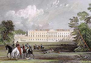 Worksop Manor in the 1830s. James Paine was commissioned to build a replacement for the Elizabethan mansion. However, only one wing was completed and work stopped on the house in 1767. The wing was demolished in the 1840s.